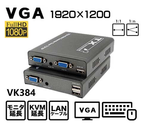 LANケーブル利用VGAモニタKVMエクステンダー/直結200m、ハブ経由で最大400m/送受信器セット