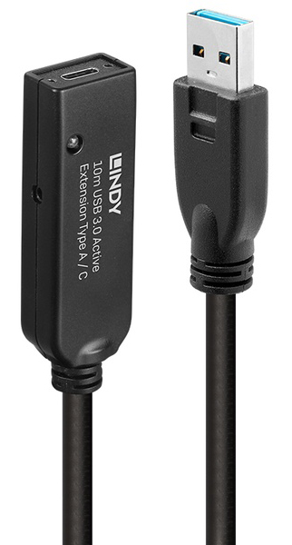 LINDY 10m USB3.2 Gen1 Type-A to Type-C オス/メス アクティブ延長ケーブル