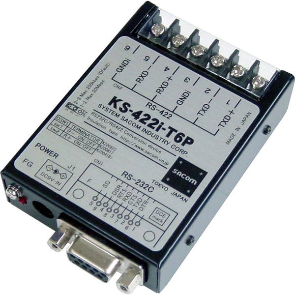 RS232C⇔RS422変換器（ACアダプタ仕様）【絶縁タイプ】 Dsub9P（メス/インチ）⇔端子台6P（M3ネジ）