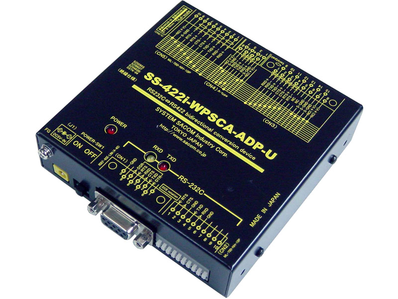 RS232C⇔RS422変換器(ACアアプタ仕様）【絶縁タイプ】【寒冷地対応広温度範囲（-20～70度）】【両側複数コネクタ搭載】Dsub9P/端子台10P⇔Dsub15P/端子台10P/RJ45