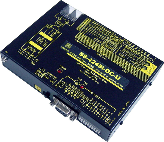 RS232C⇔RS422&485変換器（DC10-32V仕様）【絶縁タイプ】【1台2役 両側複数コネクタ搭載であらゆる作業環境に対応】 Dsub9P/端子台10P⇔Dsub15P/端子台10P/RJ45