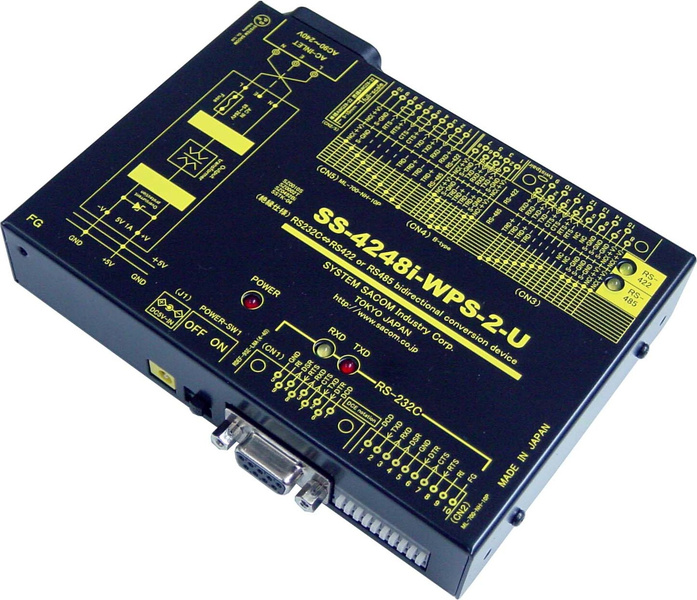 RS232C⇔RS422&485変換器（AC90-250V仕様）【絶縁タイプ】【1台2役 両側複数コネクタ搭載であらゆる作業環境に対応】 Dsub9P/端子台10P⇔Dsub15P/端子台10P/RJ45