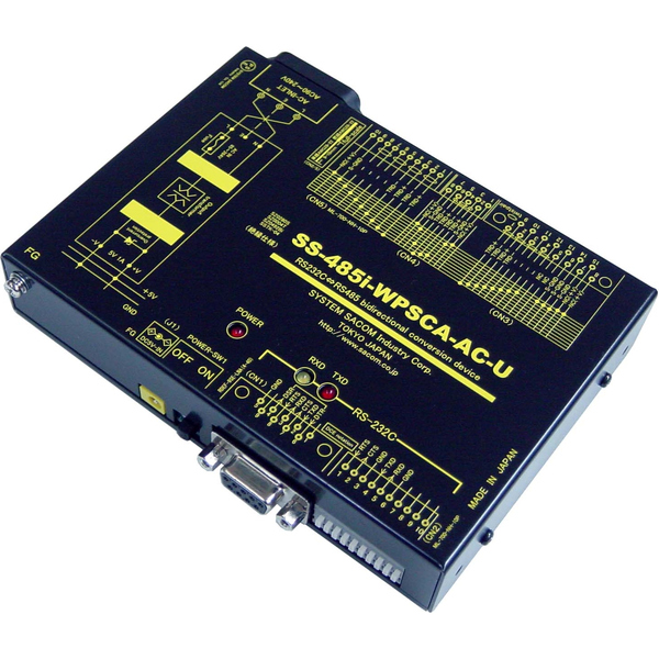 RS232C⇔RS485変換器（AC90V-250V）【絶縁】【-20℃～70℃】【両側複数コネクタ】【RJ45コ搭載で自機同士をLANケーブルで接続 】Dsub9P端子台10P⇔Dsub15P端子台10P/RJ45