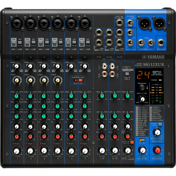 12チャンネルミキシングコンソール SPXデジタルエフェクト24種搭載、USB I/F機能付属