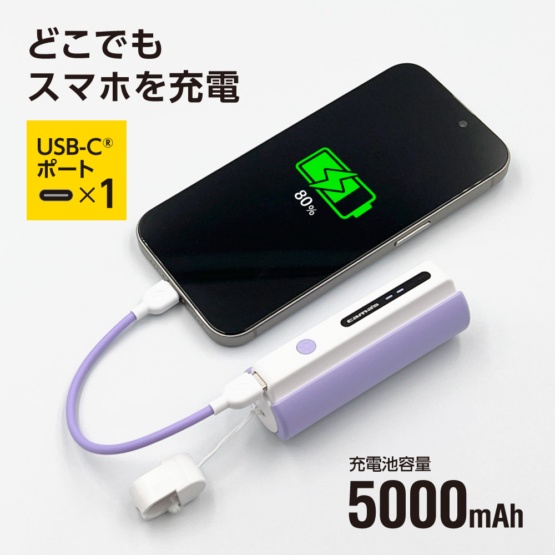 LEDライト付きモバイルバッテリー 5000mAh （バイオレット）