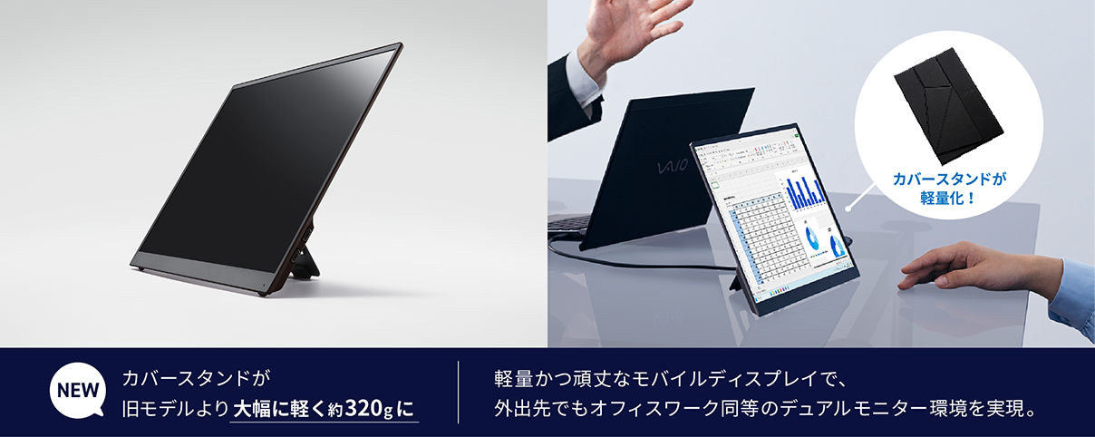 NEW �y�ʃJ�o�[�X�^���h�������f�����啝�Ɍy����320g�� �y�ʂ����ȃ��o�C���f�B�X�v���C�ŁA�O�o��ł��I�t�B�X���[�N�����̃f���A�����j�^�[���������B