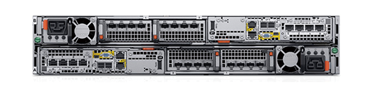 PowerStoreの背面のハードウェア構成。メザニンカード(4ポート)、管理用ポート、拡張シェルフ接続用ポート、オプションIOモジュールなどを搭載している。