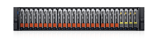 PowerStoreの前面のハードウェア構成。2.5インチのNVMe ドライブ スロットを25個備える。PowerStore 5200T/9200Tでは、そのうち4個がNVRAMキャッシュドライブとなる。